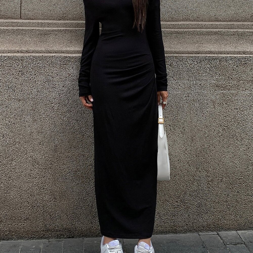 Commense Off-Shoulder Ribbed Long-Sleeve Knit Maxi Dress - NWT - Picture 3 of 7